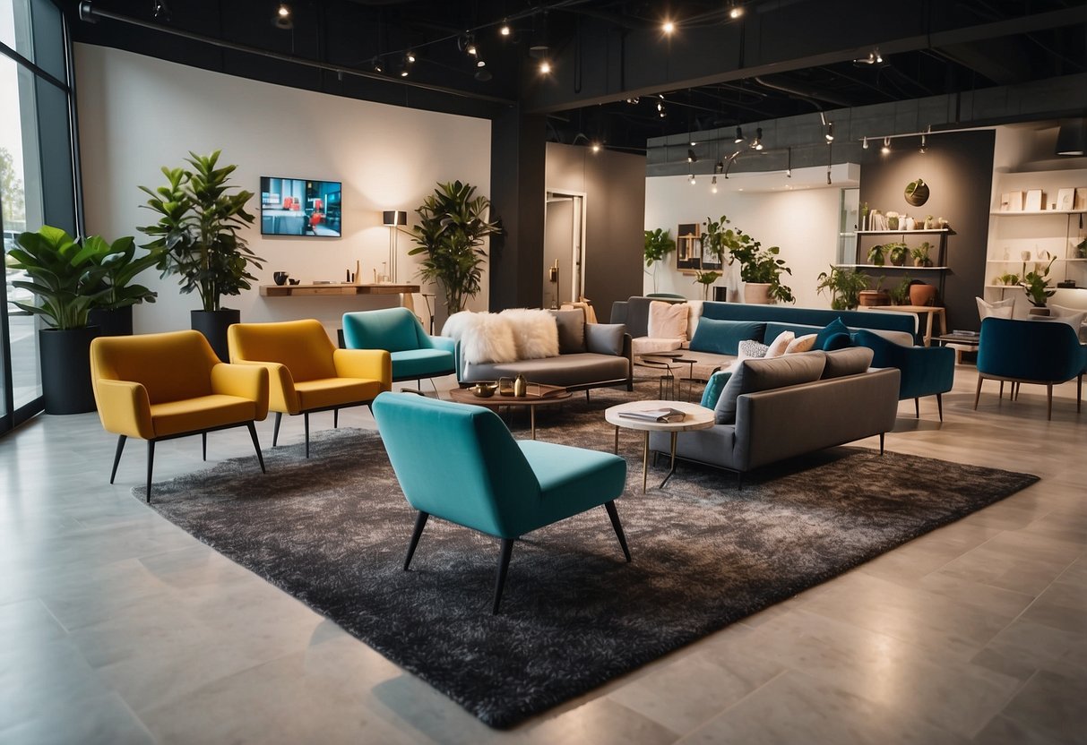 A bright showroom with modern furniture displays. Bold signage and friendly staff welcome customers