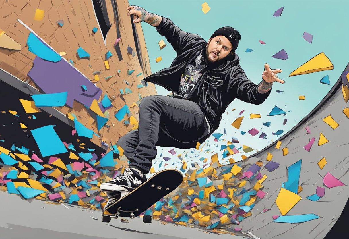 Bam Margera's skateboard crashing into a wall, with broken pieces scattered around