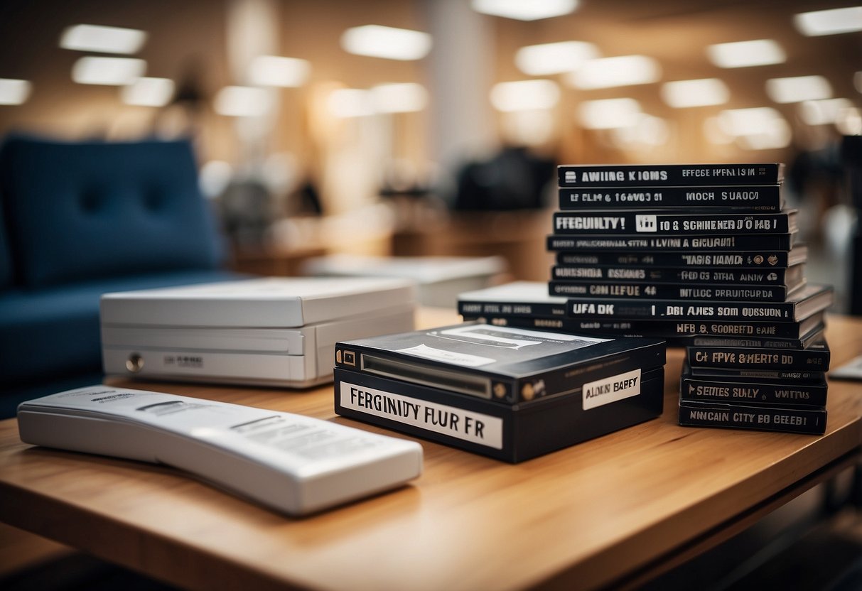 A stack of discounted furniture with a "Frequently Asked Questions" sign nearby