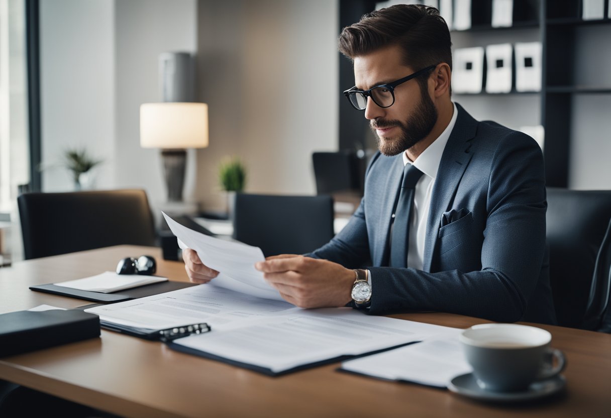 An entertainment law attorney reviewing contracts and negotiating deals for clients in a modern office setting