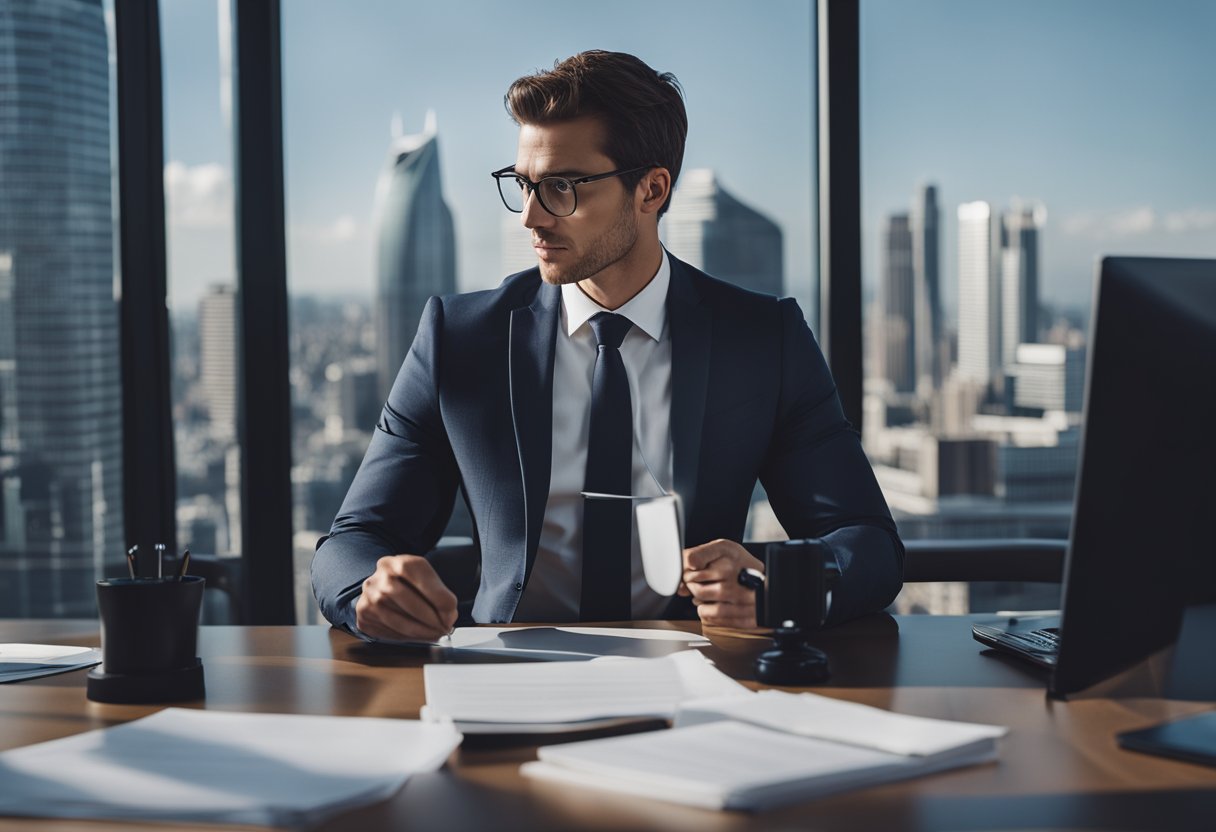 An attorney negotiates and drafts a contract in a sleek, modern office with a skyline view