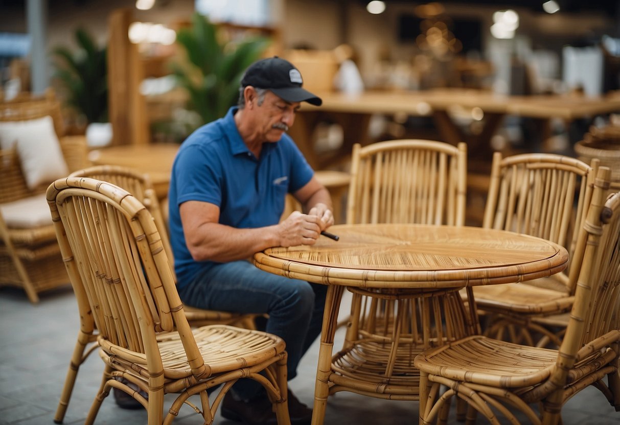 A customer selecting and customizing bamboo outdoor furniture at a store or workshop