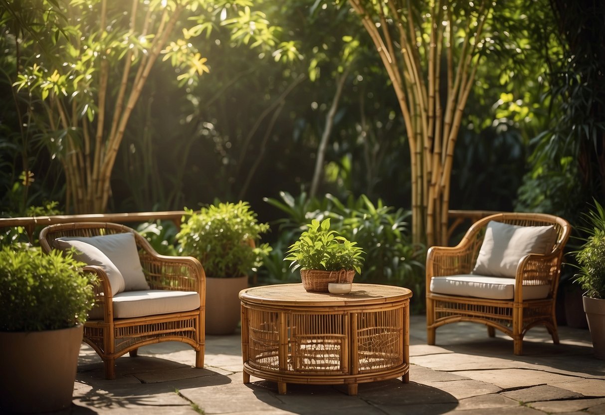 A bamboo outdoor furniture set displayed with a sign reading "Frequently Asked Questions" in a garden setting, surrounded by lush greenery and dappled sunlight