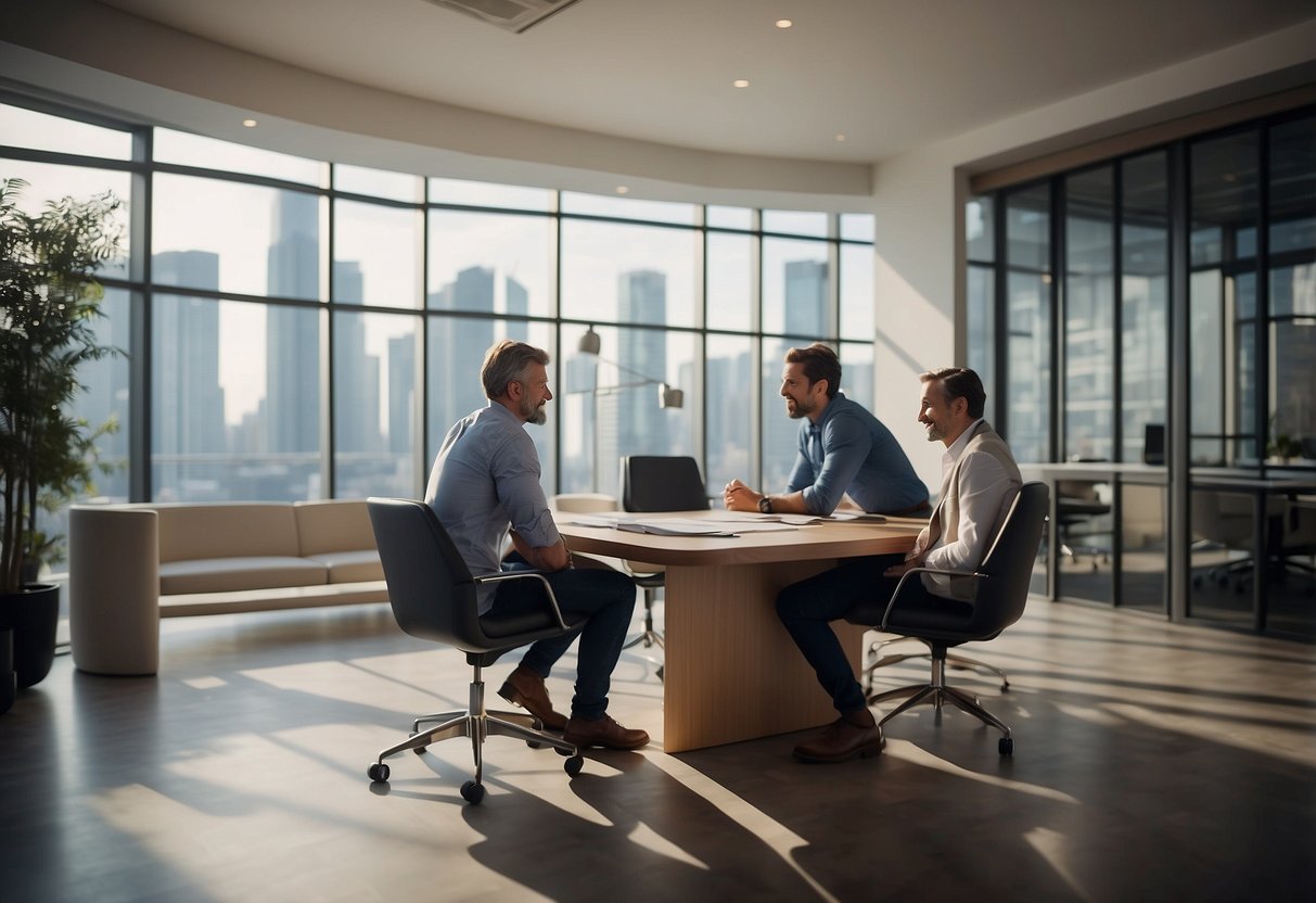 An Eastern furniture contractor discussing designs with a client in a modern office setting. Blueprints and samples are laid out on a sleek conference table