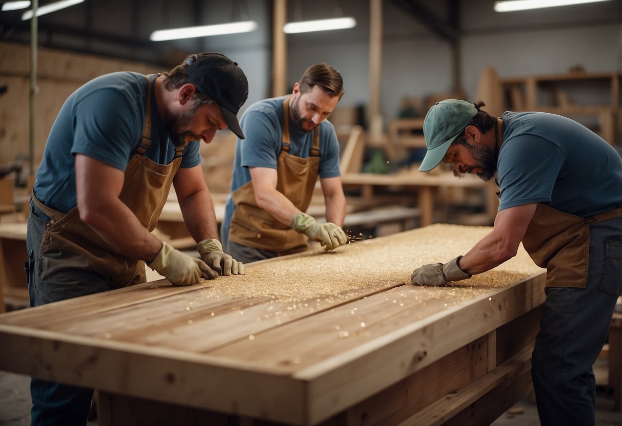 A team of contractors meticulously refurbishes Eastern furniture, skillfully sanding and staining wooden pieces in a spacious, well-lit workshop