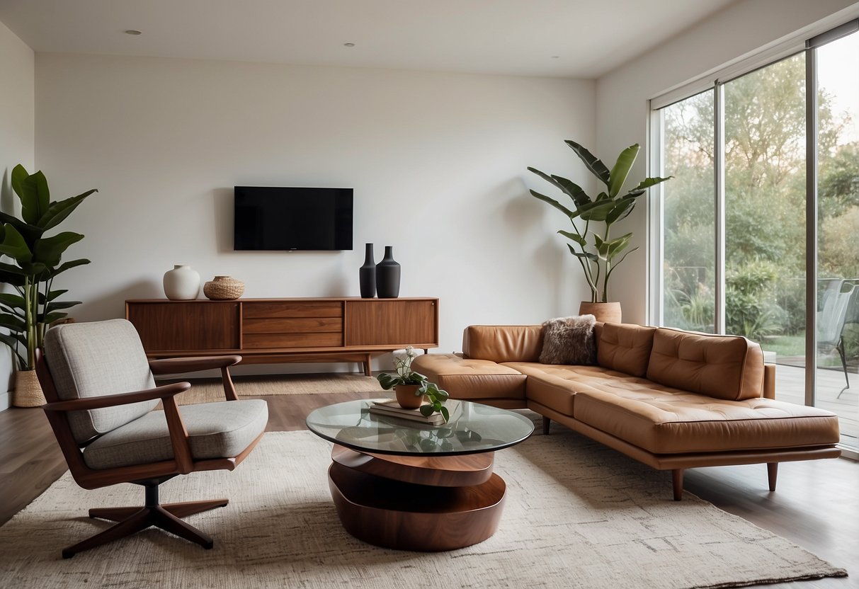 A sleek, minimalist living room with iconic mid-century modern furniture pieces arranged in a balanced and harmonious composition