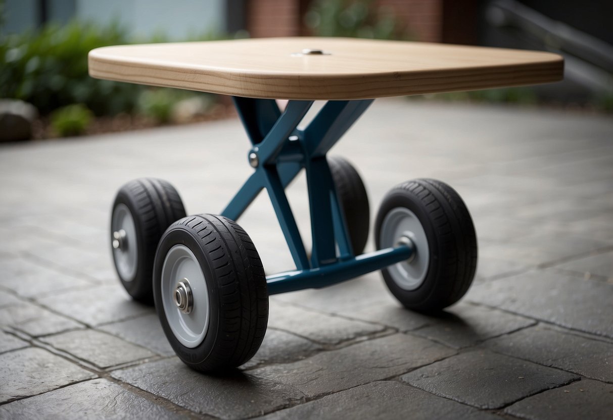 A sturdy furniture dolly sits ready for use, with smooth wheels and a secure handle for easy maneuvering
