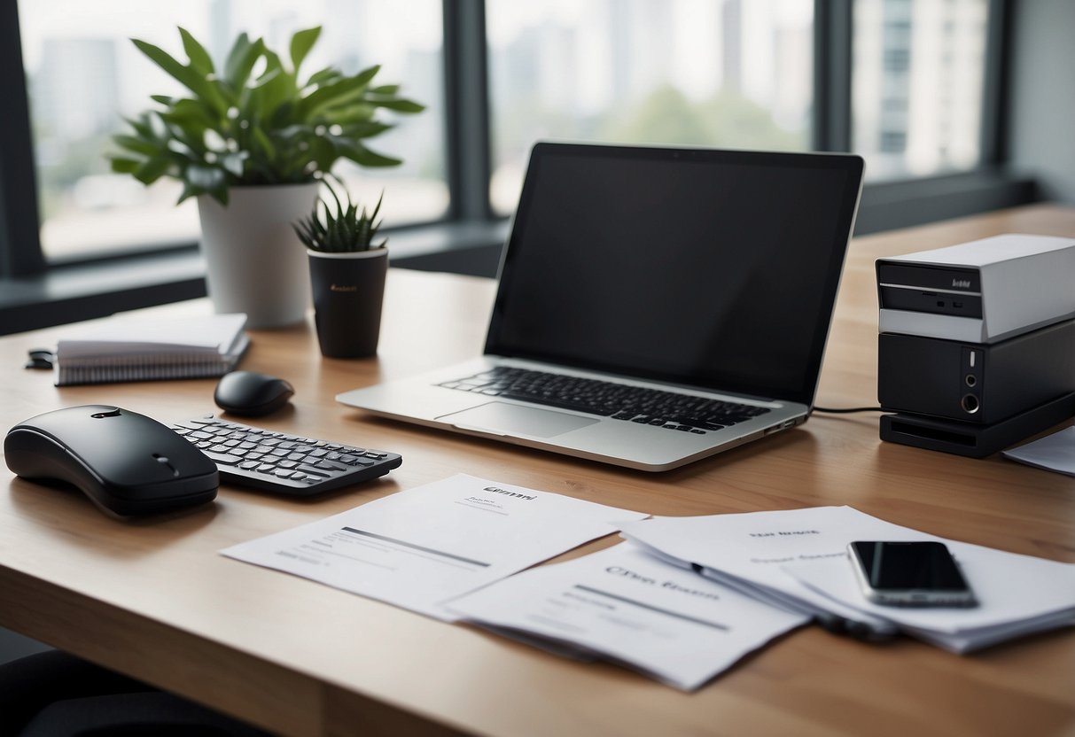 An office desk with a computer, phone, and stack of papers. A contractor logo on the wall. Clean, organized space with a professional feel