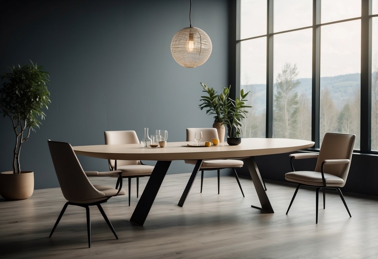 A modern designer table with sleek, minimalist furniture arranged around it in a well-lit room