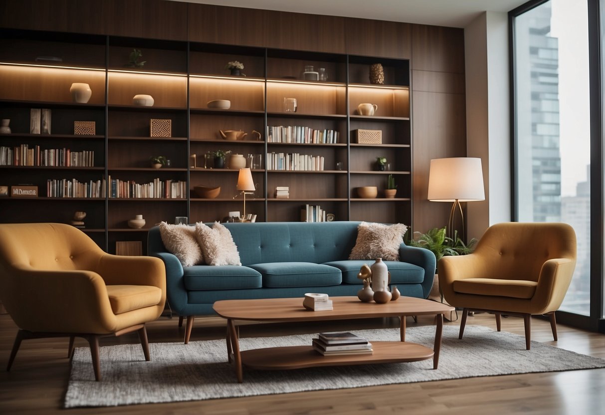 A living room with a sleek mid-century modern sofa, coffee table, and chairs. A minimalist bookshelf and a retro floor lamp complete the scene