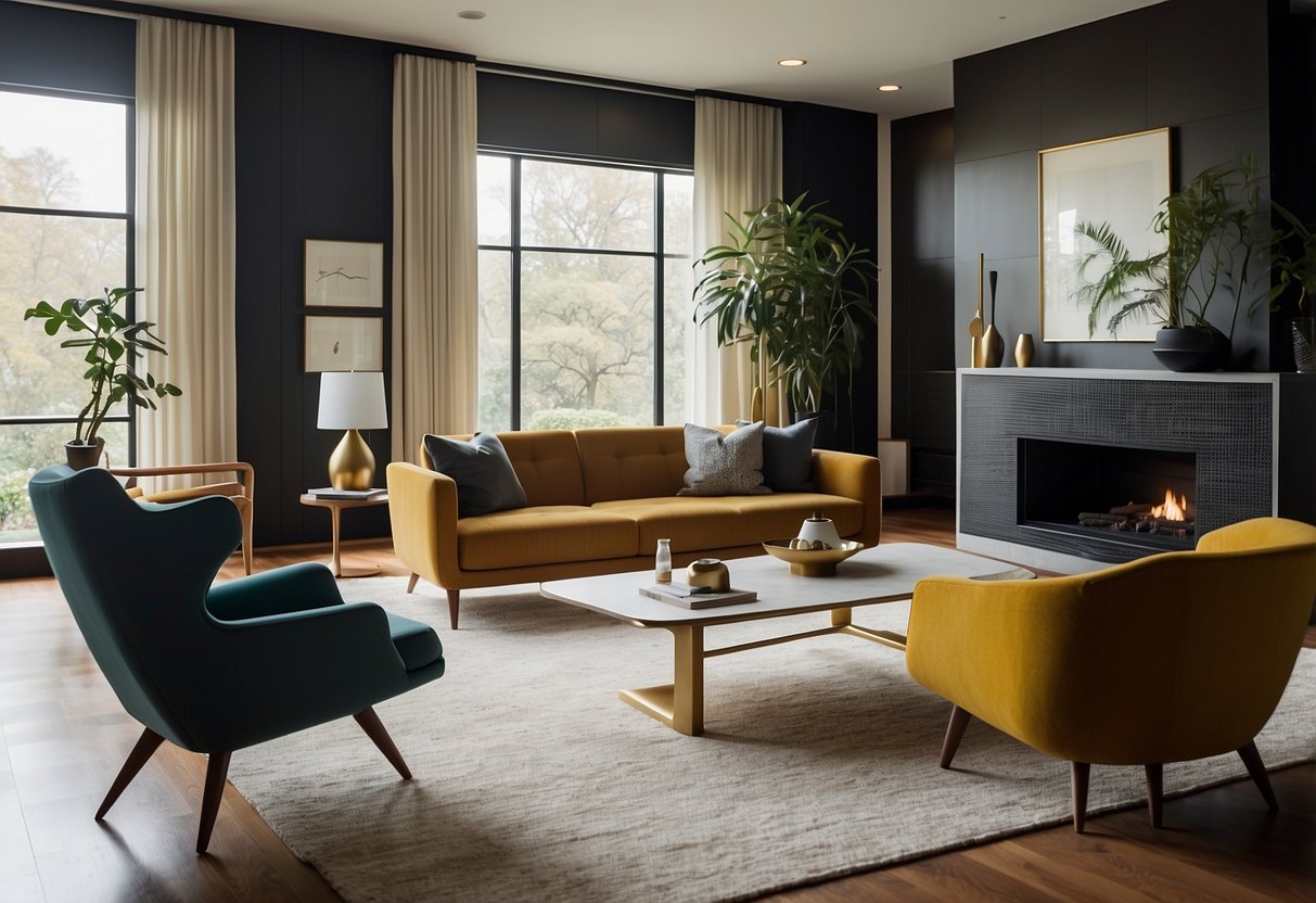 A room filled with sleek, minimalist mid-century modern furniture. Clean lines, organic shapes, and bold colors create a timeless and sophisticated atmosphere
