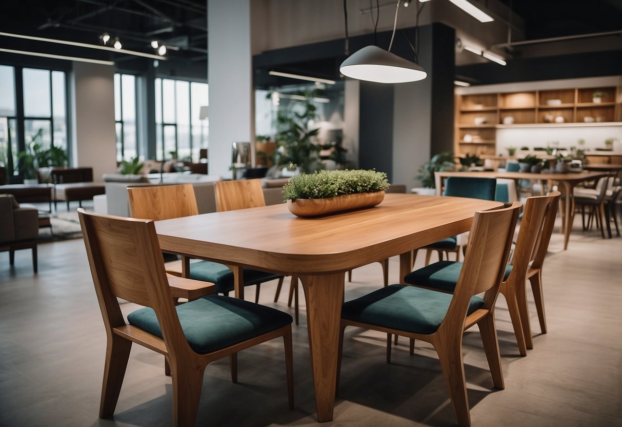 A variety of designer table furniture is displayed in a spacious showroom, with different styles, materials, and finishes to choose from
