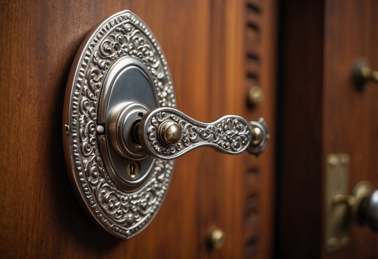 A silver door lock secures a wooden door with ornate furniture