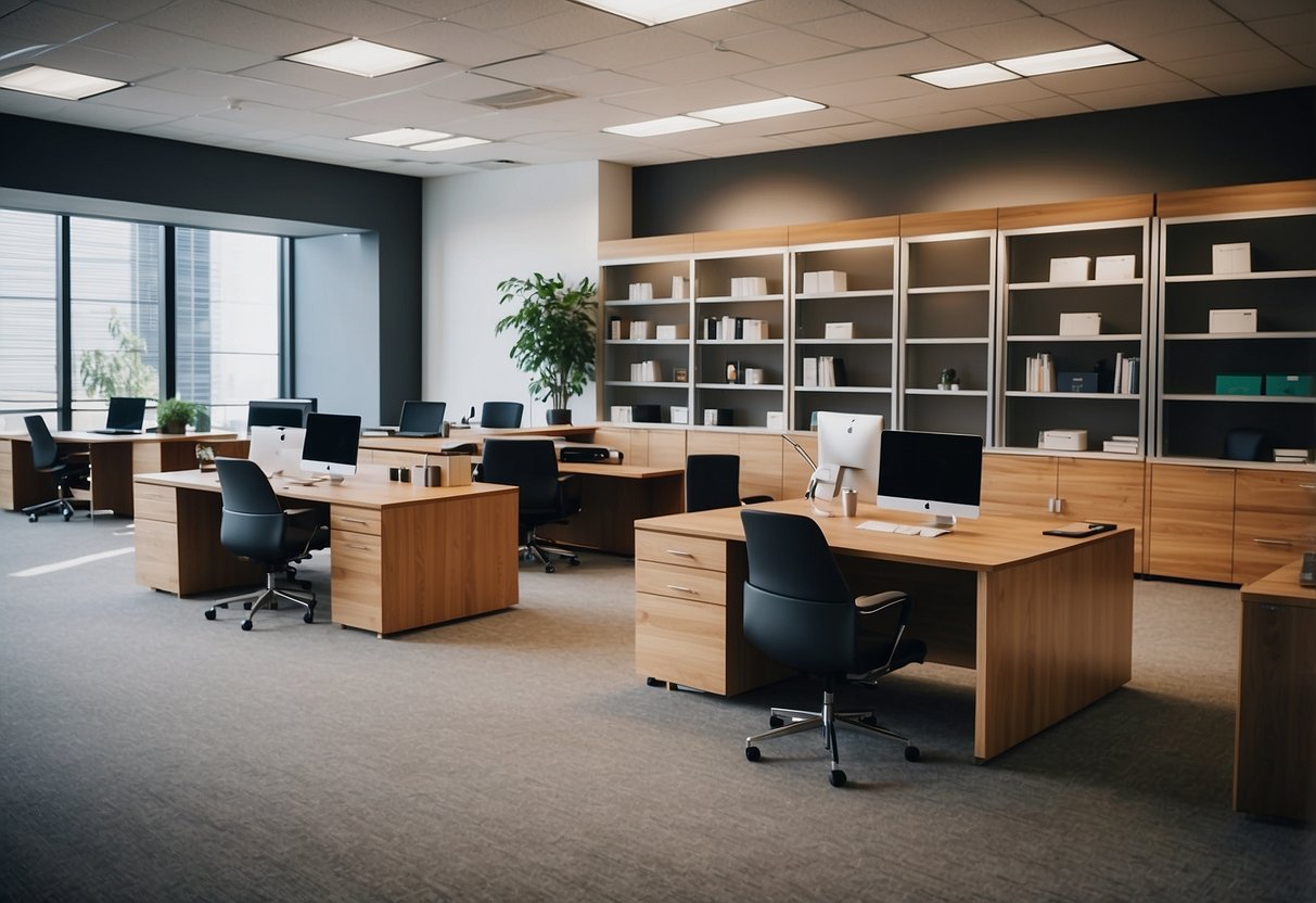 A spacious showroom displays modern desks, chairs, and shelving units from the top office furniture companies