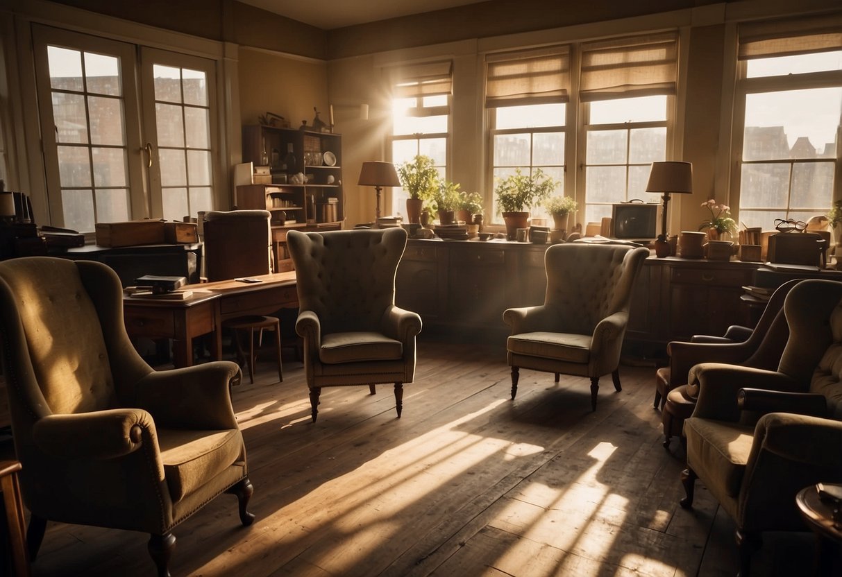 A cluttered room with vintage chairs, tables, and shelves. Sunlight filters through the dusty windows, casting warm, nostalgic hues on the worn furniture
