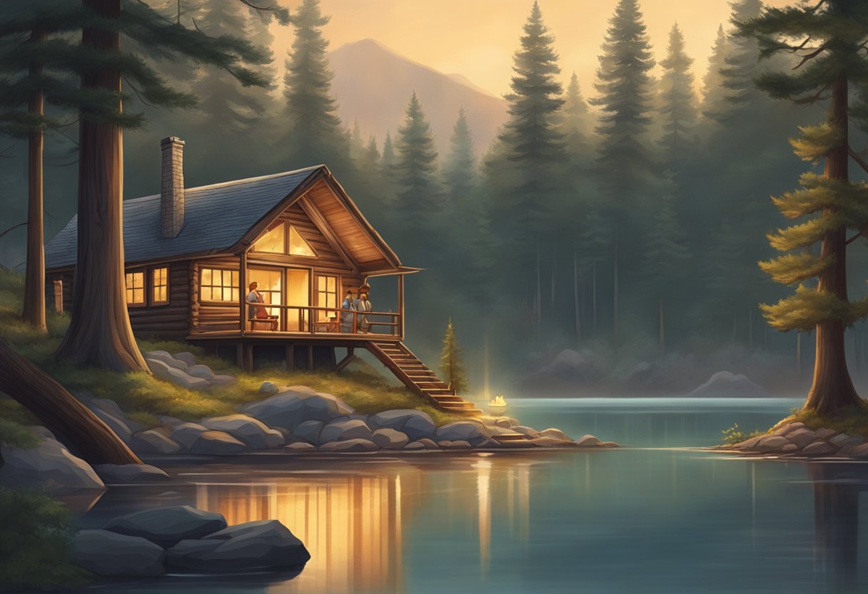 Jedi and Dixie explore a rustic cabin in the woods, surrounded by tall pine trees and a serene lake, with a cozy fire burning inside