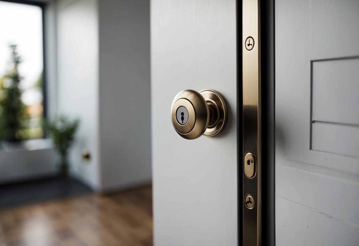 A door lock furniture set: a sleek, modern doorknob with a keyhole, a sturdy deadbolt, and a secure latch