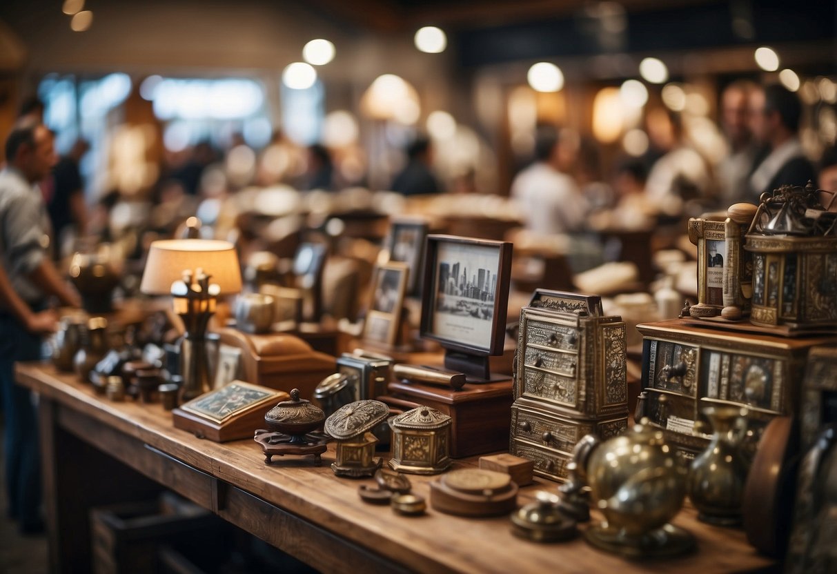 A bustling marketplace with various furniture displayed for sale. Customers browse and vendors negotiate prices
