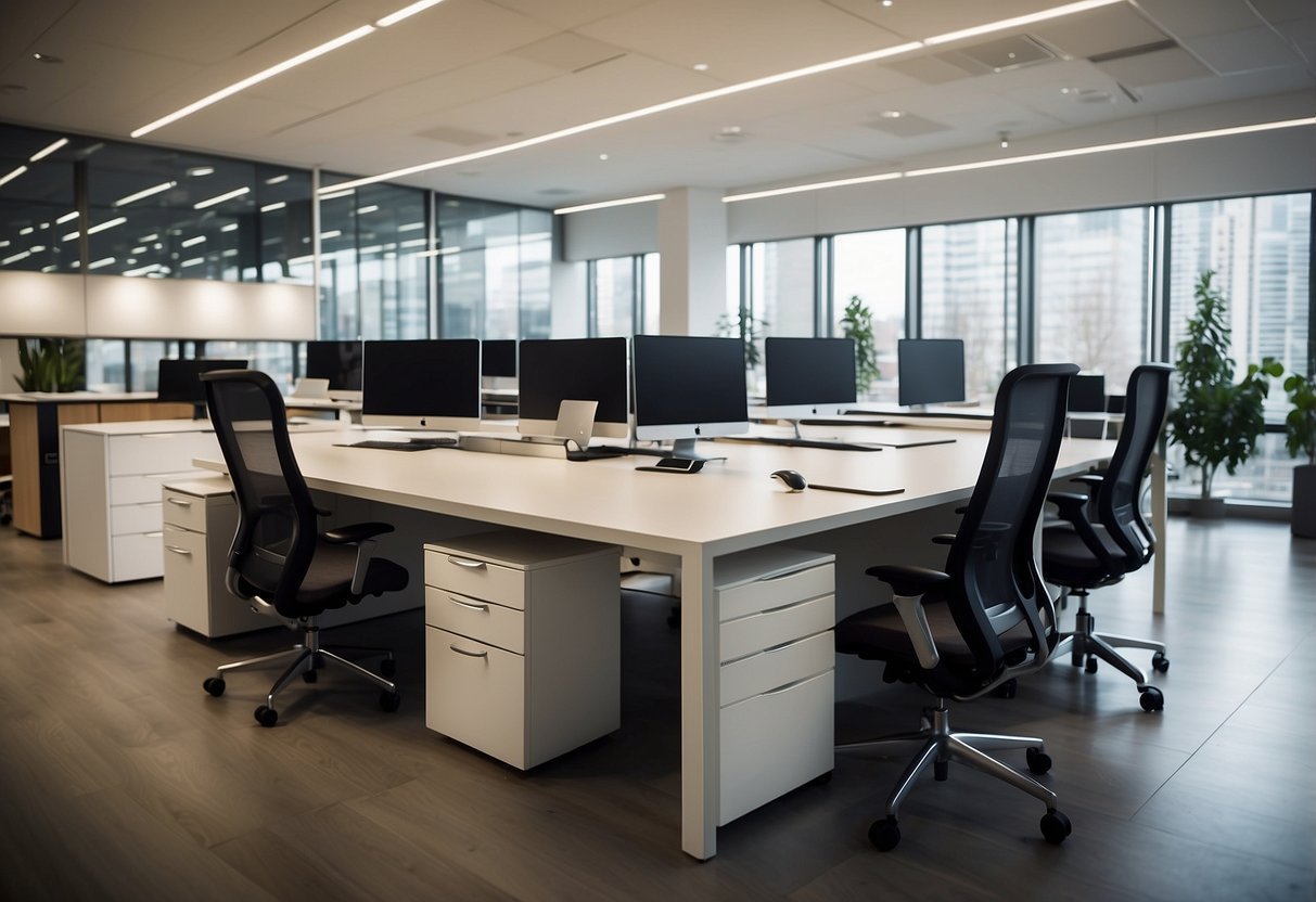 A spacious showroom displays modern office furniture from the leading companies, featuring sleek desks, ergonomic chairs, and stylish storage solutions