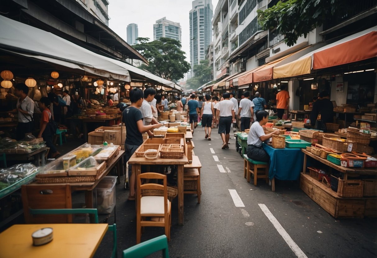 A bustling street market in Singapore, with vendors selling a variety of second-hand furniture items such as chairs, tables, and cabinets