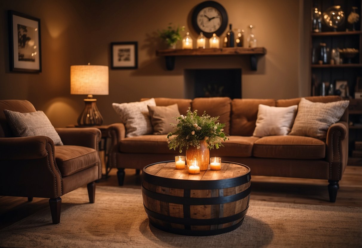 A cozy living room with a rustic whiskey barrel coffee table and chairs, surrounded by warm lighting and earthy tones