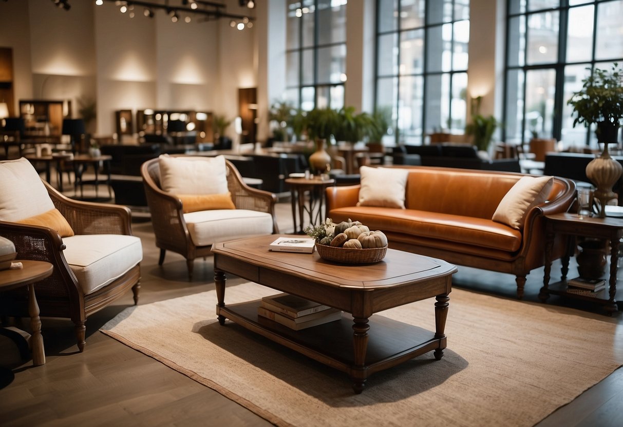 Furniture arranged neatly for sale with price tags. Online marketplace logos visible