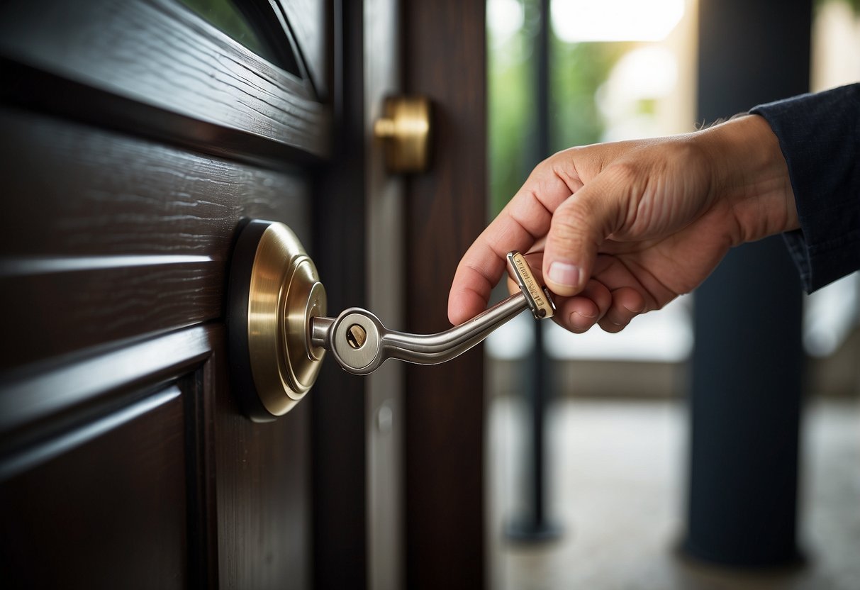A hand reaches for a door handle with a key in the lock. The furniture includes a sturdy handle and a secure deadbolt. The door is equipped with an electronic keypad for accessibility