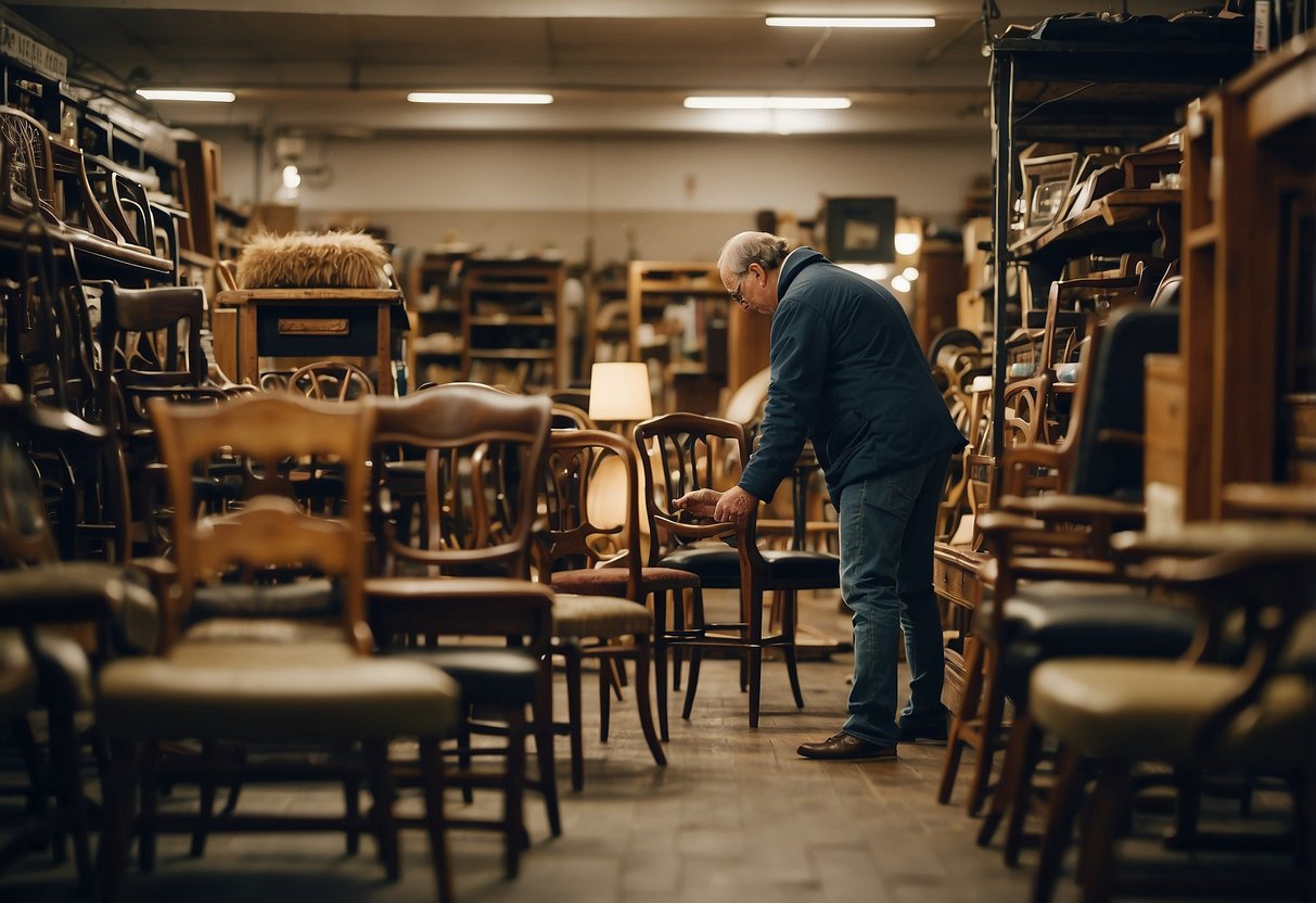 A person carefully examines a vintage chair at a second-hand furniture store, checking for any signs of wear or damage. Nearby, shelves are filled with various second-hand treasures, waiting to be discovered and cared for