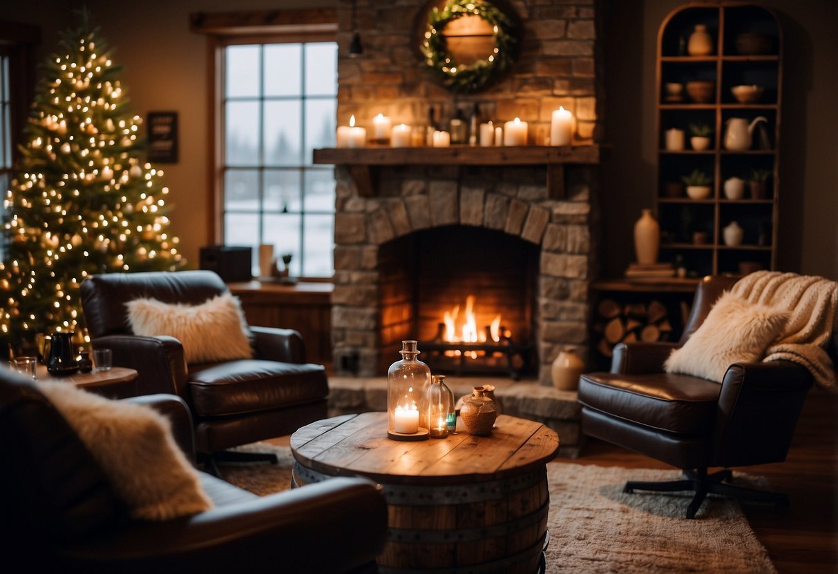 A cozy living room with a rustic whiskey barrel coffee table, chairs, and shelves. Warm lighting and a crackling fire complete the inviting scene