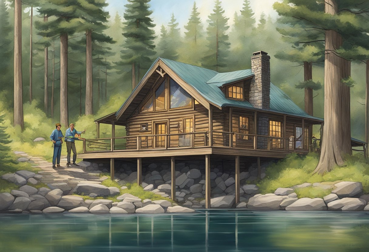 Jedi and Dixie explore a rustic cabin in the woods, surrounded by tall pine trees and a serene lake, while the Maine Cabin Masters work on renovations