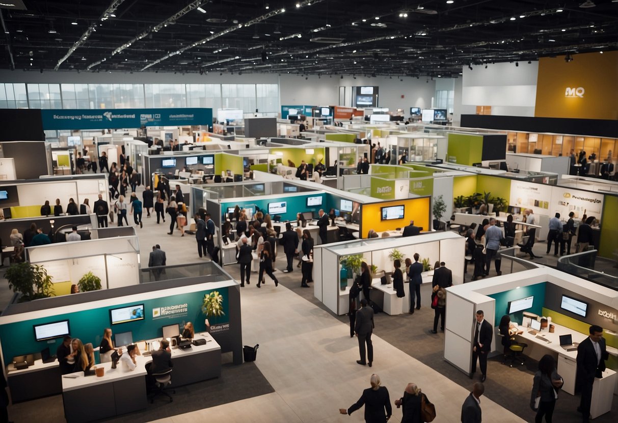 A bustling office furniture expo with large, sleek booths and crowds of industry professionals networking and discussing the latest trends and insights