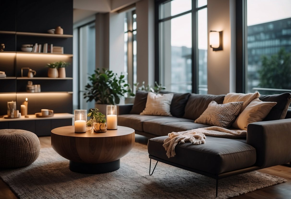 A cozy living room with a modern sofa, a sleek coffee table, and a stylish bookshelf from ezbuy. Warm lighting and decorative accents complete the inviting space