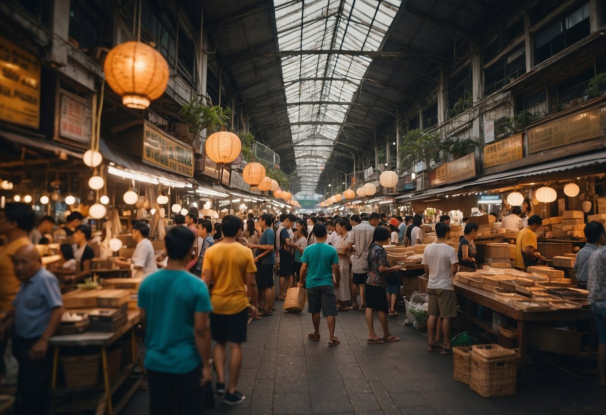 A bustling market with various second-hand furniture displayed in Singapore. Customers browsing, vendors negotiating, and a lively atmosphere