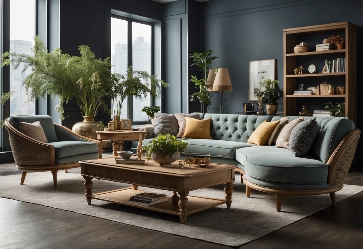 A room filled with various furniture pieces from ezbuy, showcasing the range of offerings including sofas, tables, and chairs in different styles and colors