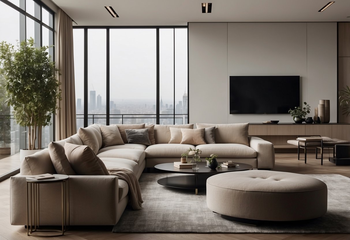 A modern living room with sleek designer furniture arranged in a minimalist style. Clean lines, neutral colors, and high-quality materials create a sophisticated and luxurious atmosphere