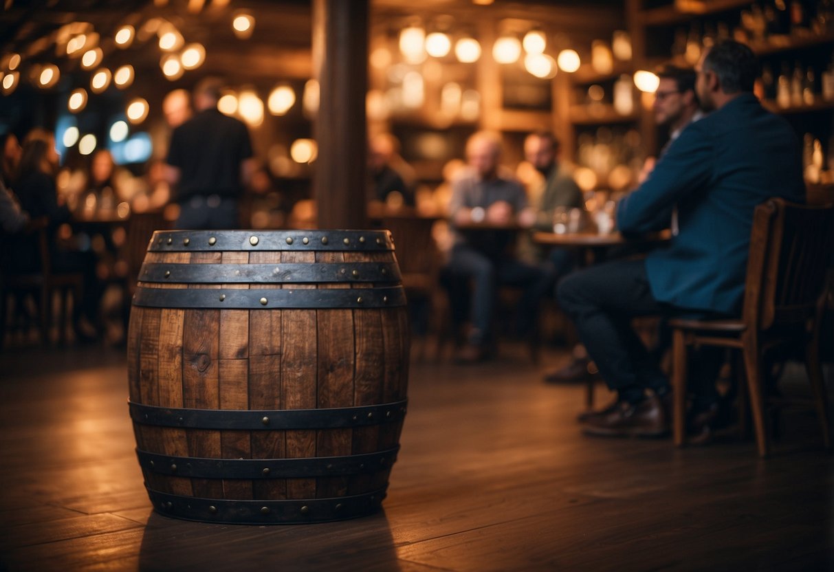 A rustic whiskey barrel transformed into a stylish chair, with a matching table and lamp, surrounded by curious onlookers