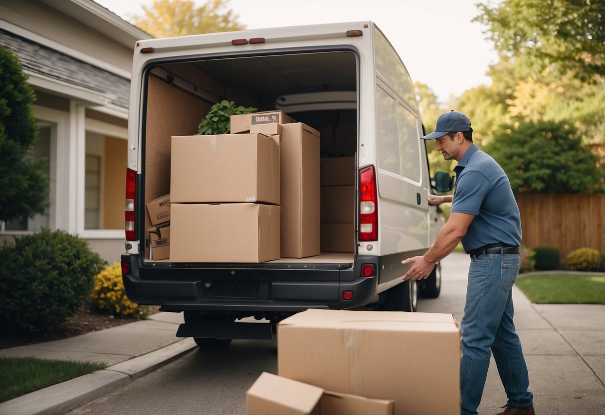 A delivery truck unloads furniture at a customer's home. A service representative assists with assembly and addresses any issues