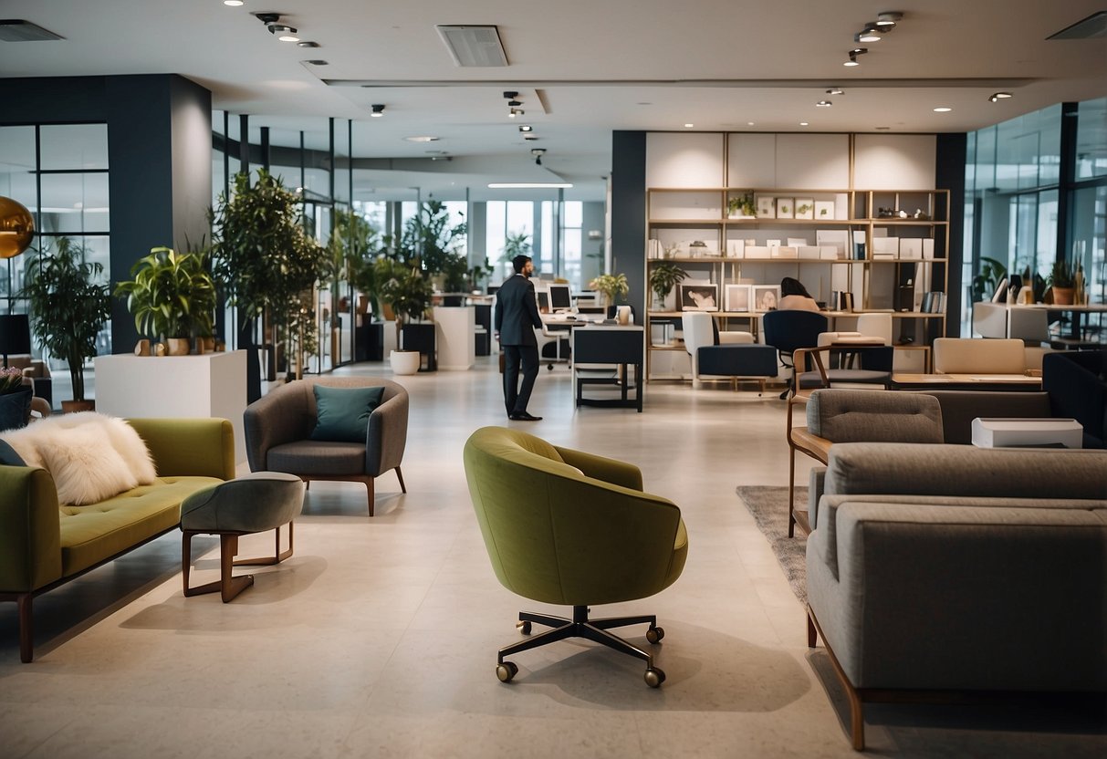 A bustling office showroom with modern furniture displays, busy staff assisting clients, and large signage promoting top furniture brands
