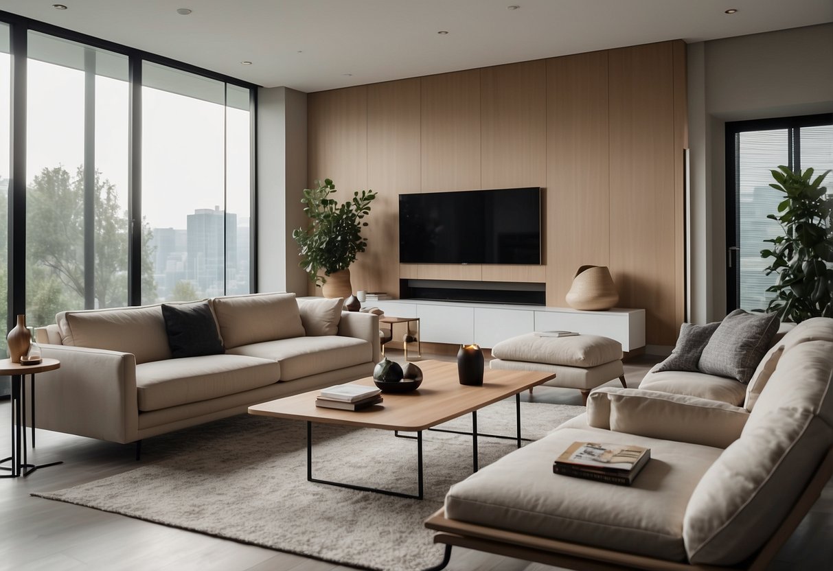 A modern living room with sleek, minimalist designer furniture arranged in a symmetrical layout. Clean lines, neutral colors, and a sense of spaciousness