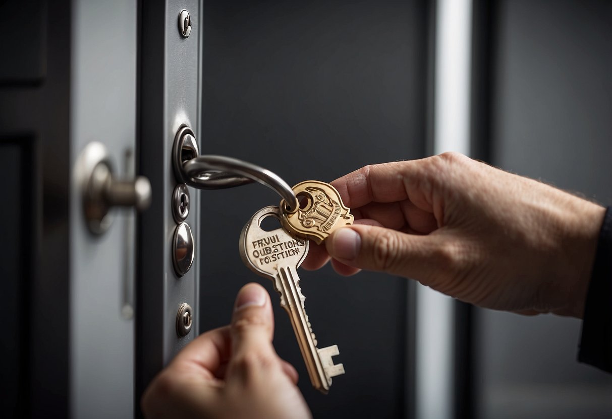 A hand turns a key in a lock on a door labeled "Frequently Asked Questions". Furniture is visible in the background