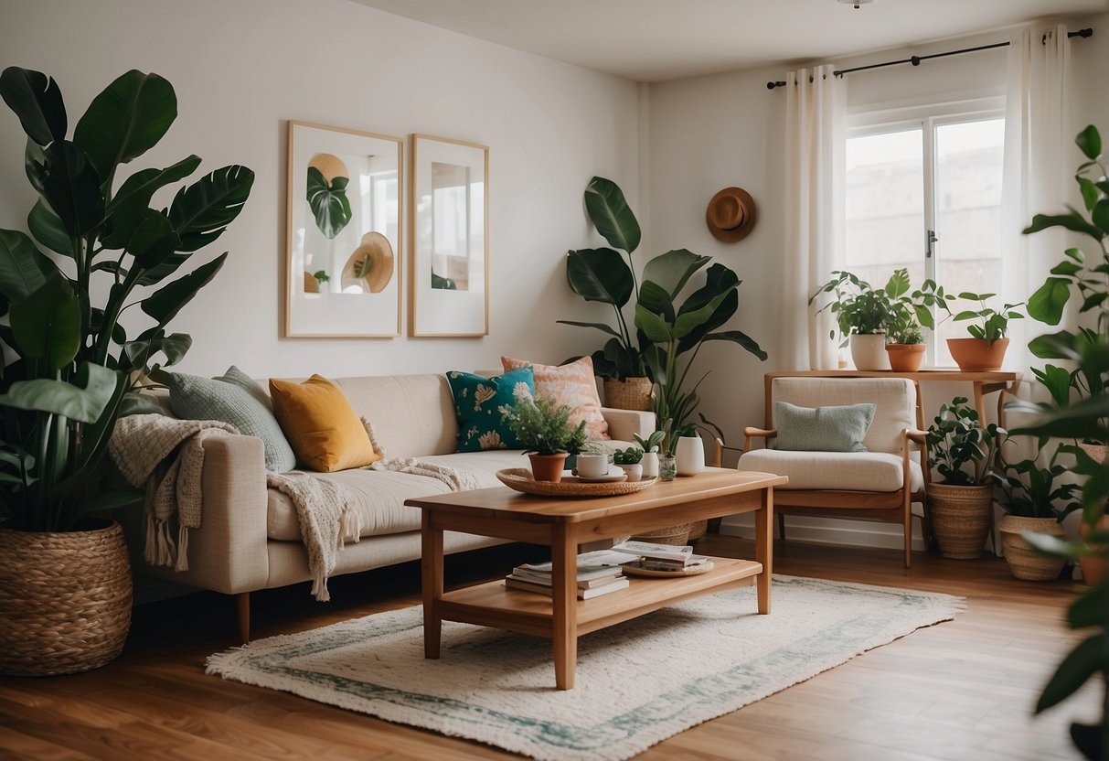 A cozy living room with eclectic furniture: a mix of vintage and handmade pieces, colorful textiles, and plants creating a relaxed and free-spirited vibe
