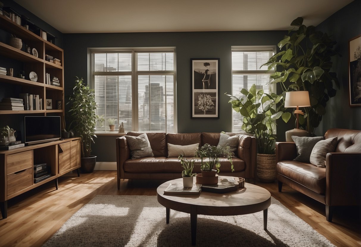 A room with various furniture items from ezbuy, with a customer reading through a list of frequently asked questions and reviews
