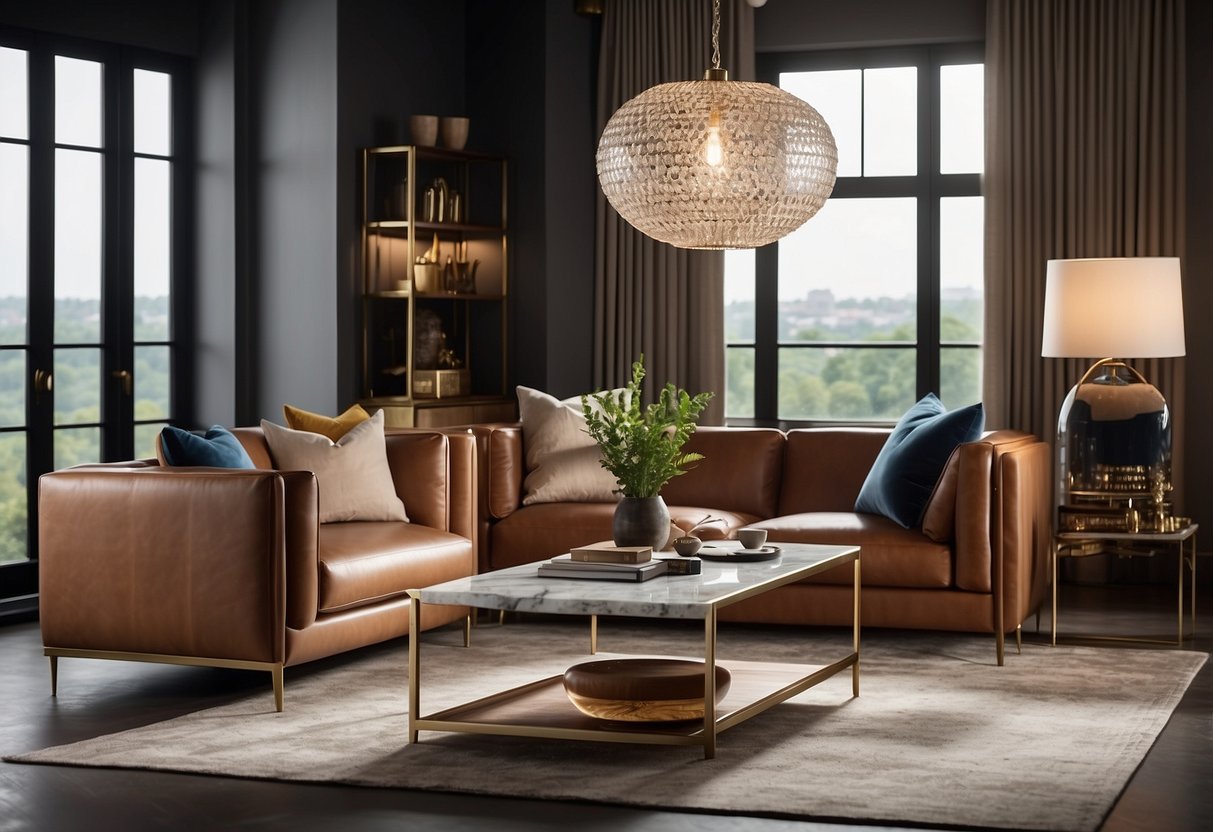 A modern living room with designer furniture, including a sleek leather sofa, a marble coffee table, and a statement lighting fixture
