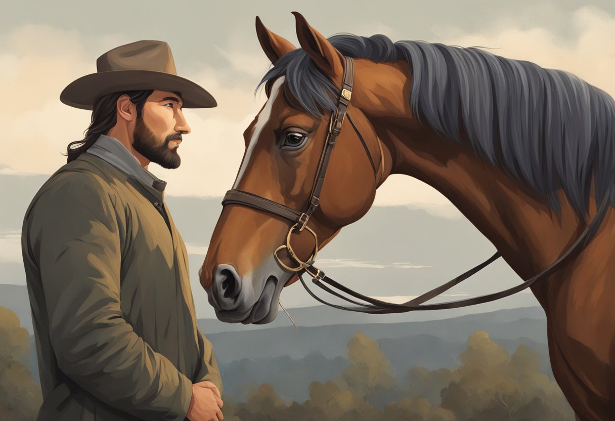 A man and a horse stand together, their bond evident in the way they look at each other. The horse, Jubilee, is strong and majestic, exuding a sense of loyalty and trust towards the man