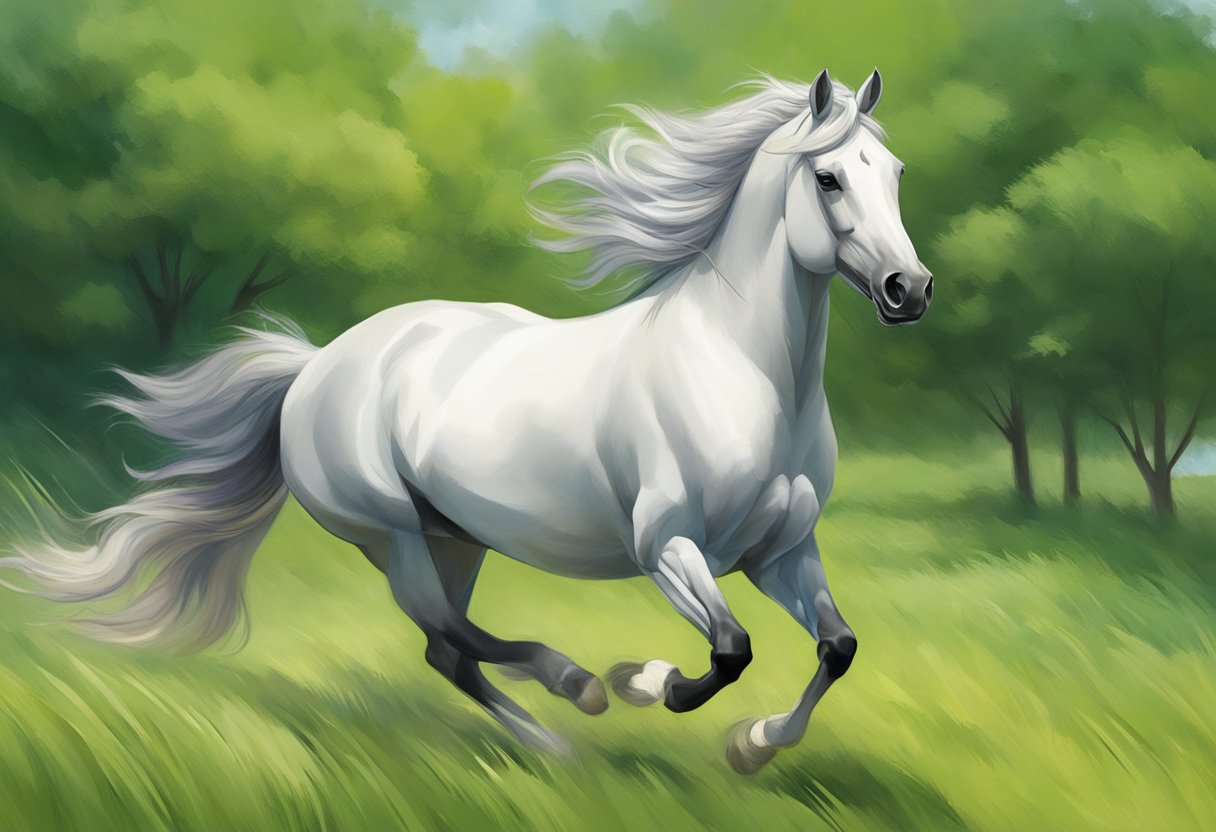 Jubilee galloping freely in a lush green meadow, mane flowing in the wind, exuding strength and grace