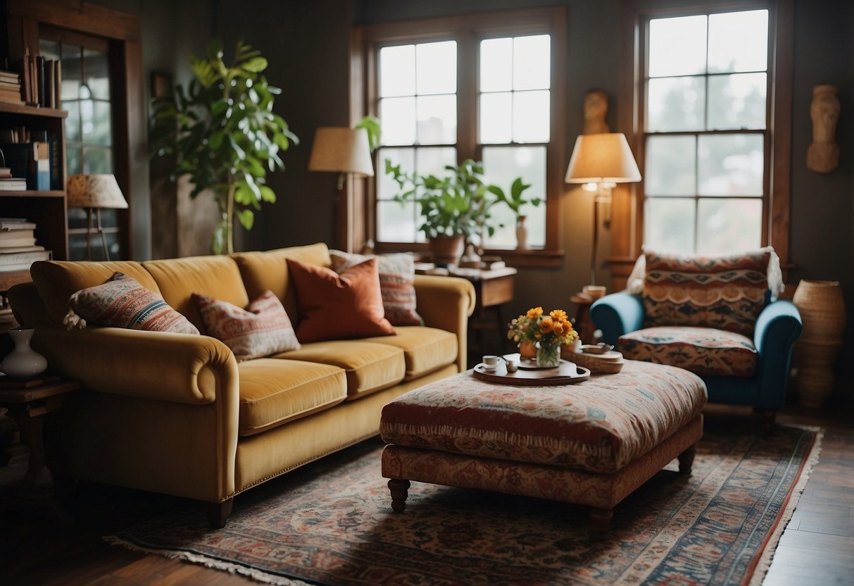 A cozy living room with eclectic boho furniture, including a low-lying sofa with colorful throw pillows, a vintage rug, and a mix of patterned chairs and ottomans