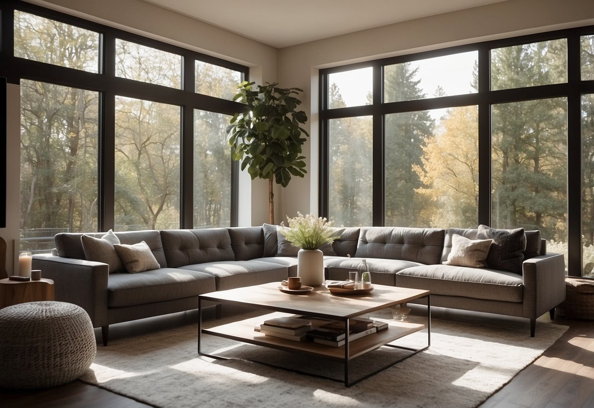 A cozy living room with a sleek sofa, a stylish coffee table, and a modern entertainment center. The room is bathed in warm natural light from the large windows