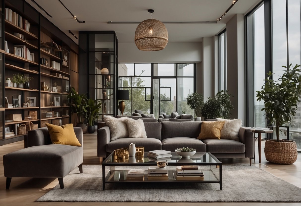 A modern living room with designer furniture arranged neatly, a sleek coffee table, and a bookshelf filled with stylish home decor items