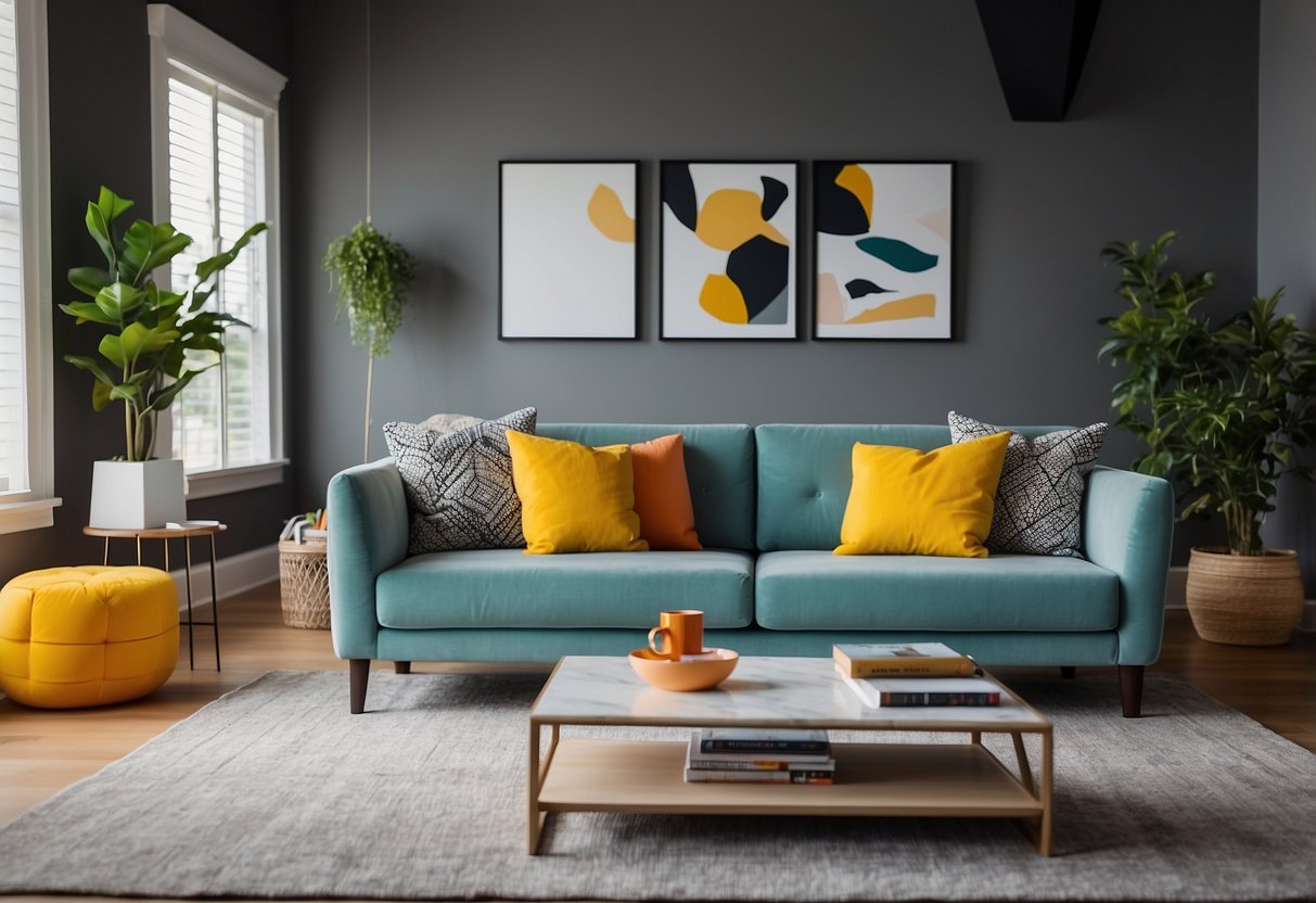 A cozy living room with modern, sleek furniture and vibrant pops of color. A plush sofa, a stylish coffee table, and a statement armchair create a welcoming and trendy space
