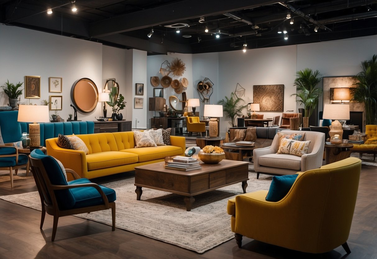 A showroom filled with modern and vintage furniture, colorful rugs, and stylish lighting options. A variety of sofas, chairs, and tables are displayed throughout the space